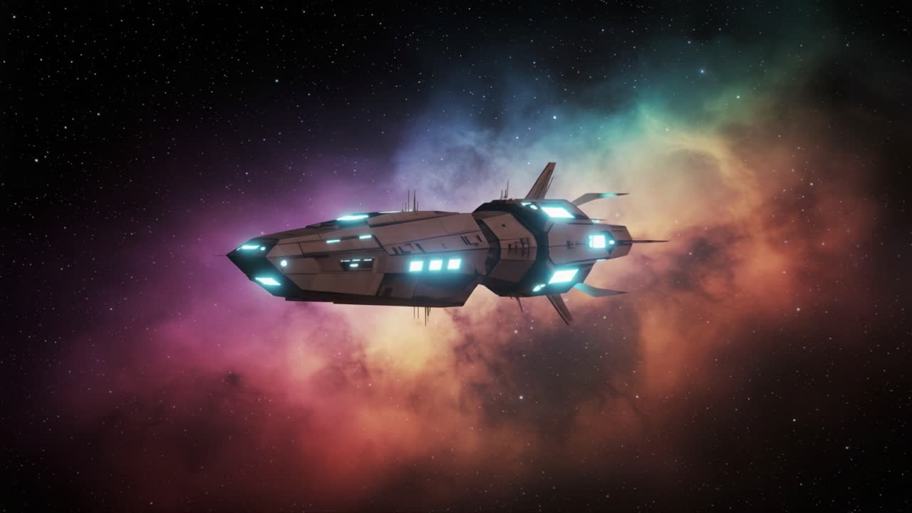 A Stellar Spacecraft Glides Through a Vivid Nebula, Illuminated by Distant Stars and Cosmic Colors, Capturing the Essence of Sci-Fi Adventure in the Universe