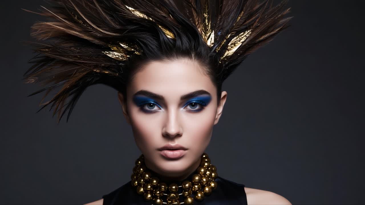 Striking Portrait of a Model with Bold Makeup and Dramatic Hairstyle Showcasing Innovative Hair Design and Unique Fashion Elements in a Studio Setting