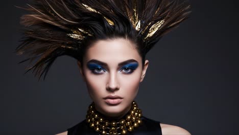 striking portrait of a model with bold makeup and dramatic hairstyle showcasing innovative hair design and unique fashion elements in a studio setting