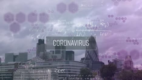 Animation-of-coronavirus-text-and-mathematical-equations-over-cityscape