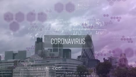 animation of coronavirus text and mathematical equations over cityscape