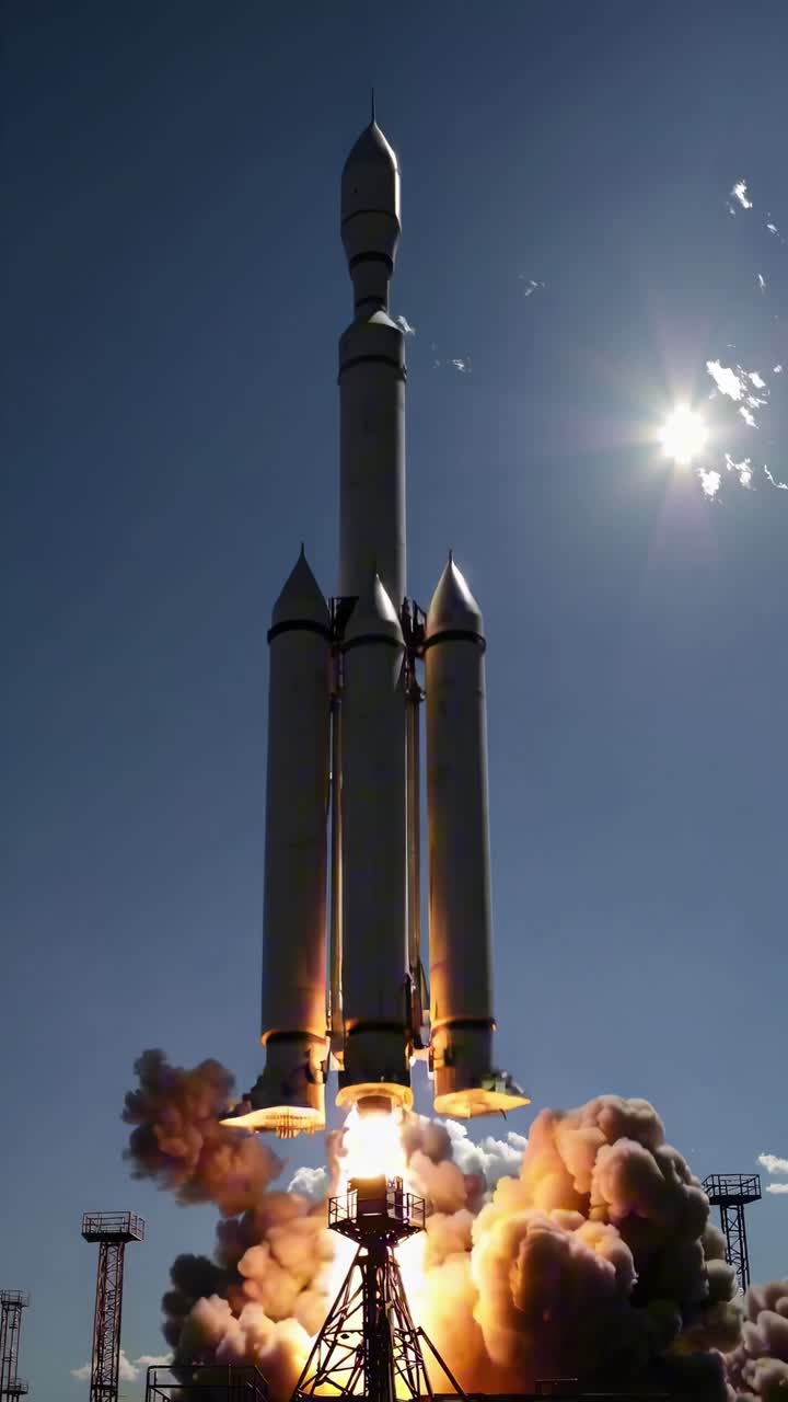 Low-angle video shot of a rocket launching, capturing the dynamic power and energy against a clear