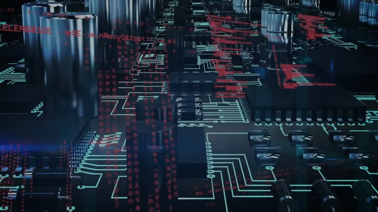 Animation of data processing over computer circuit board on black background