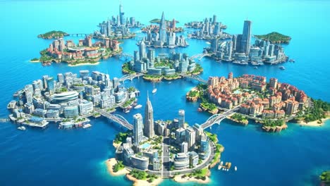 a stunning aerial view of a futuristic cityscape oasis featuring interconnected islands, skyscrapers, and lush greenery surrounded by crystal clear waters