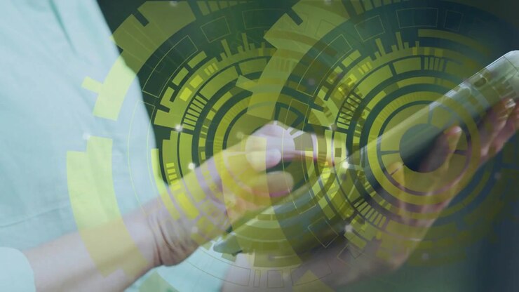 Animation af databehandling over en mand, der bruger en tablet
