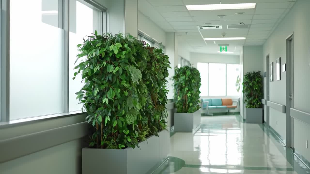 A Serene, Lush Green Corridor with Potted Plants and Natural Light Enhancing the Calm Atmosphere of a Modern Indoor Space