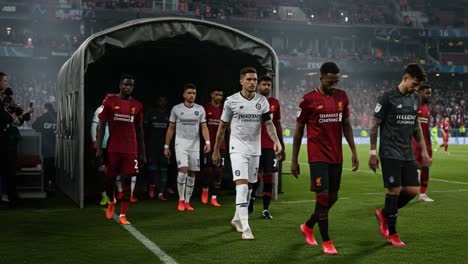 a dramatic encounter: teams emerge from tunnel ready for an intense match, gearing up for a thrilling showdown on the football pitch under stadium lights