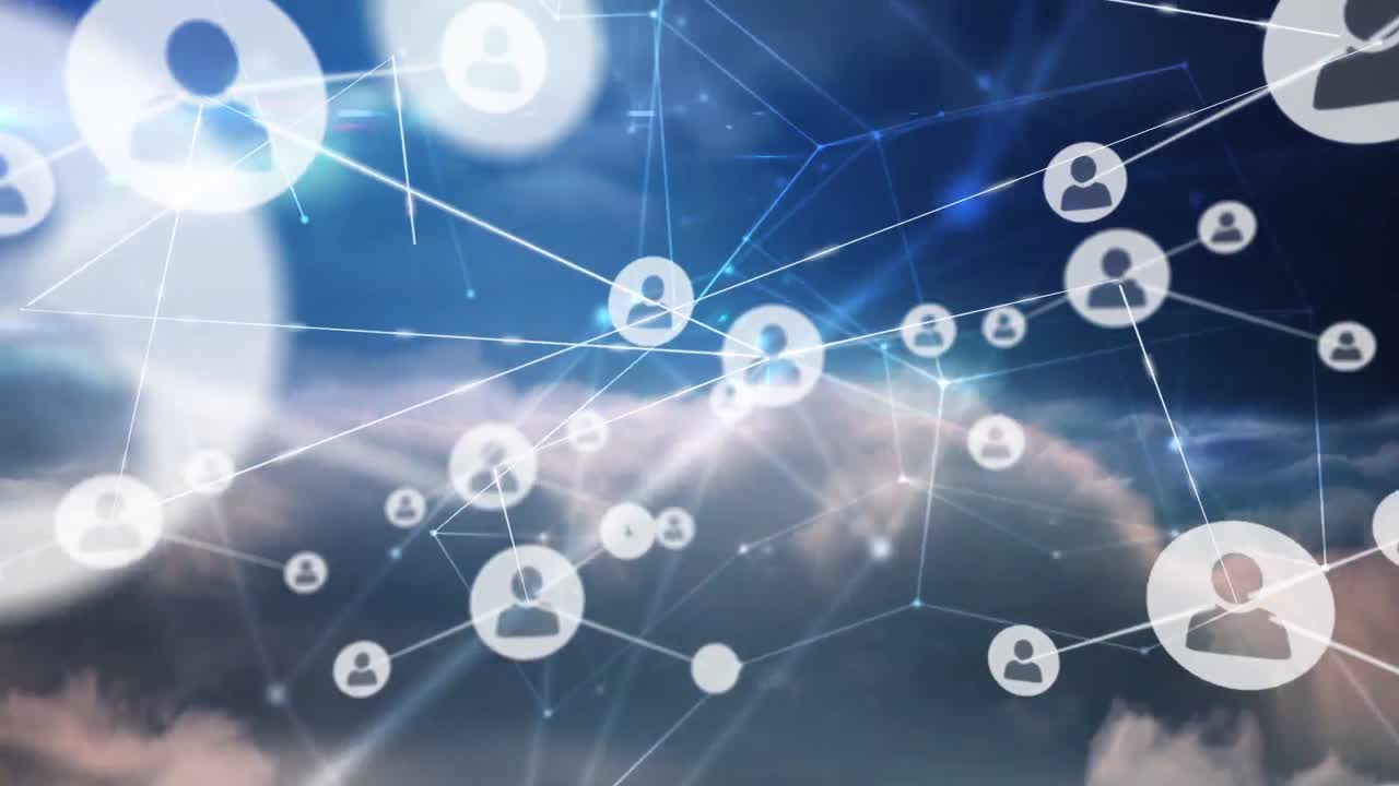 파란 하늘의 구름 위의 아이콘과 연결 네트워크의 애니메이션