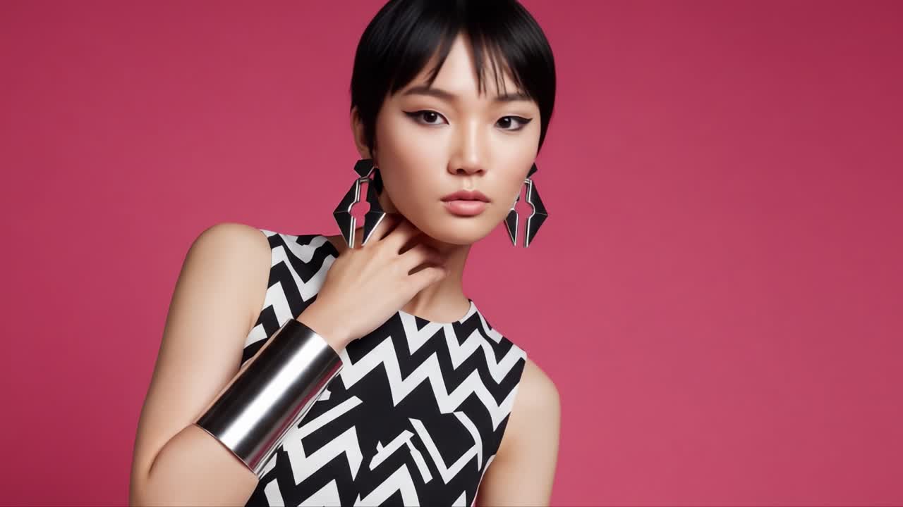 Captivating Fashion Portrait of a Model with Chic Geometric Patterns, Bold Accessories, and Striking Makeup Against a Vibrant Pink Background