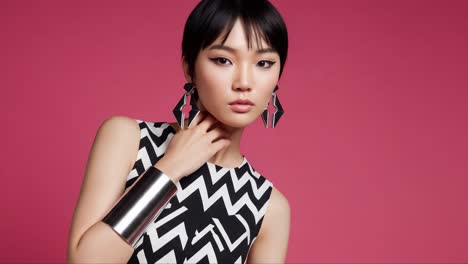 captivating fashion portrait of a model with chic geometric patterns, bold accessories, and striking makeup against a vibrant pink background