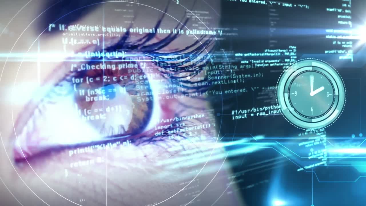Animation of digital interface and clock over woman&amp;#039;s eyes