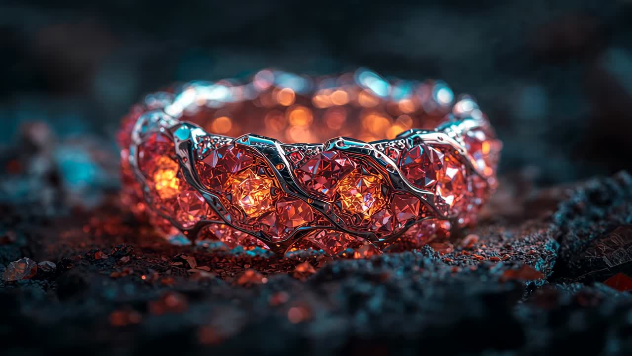Camera shifting focus causing silver ring pulsing orange gem glow revealing lattice on rocky ground