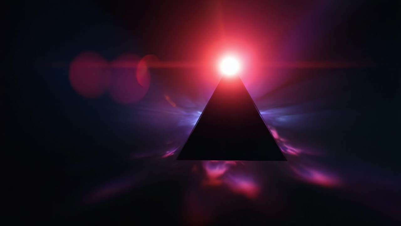 Una piramide ipnotica e luminosa irradia energia vibrante, circondata da effetti di luce ultraterreni che creano un'atmosfera cosmica accattivante e un intrigo visivo