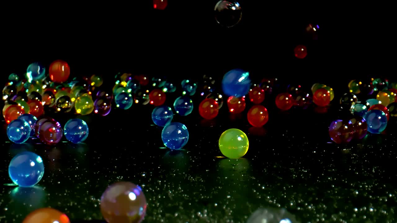 bolas húmedas brillantes y coloridas con reflejo disparado sobre un fondo negro