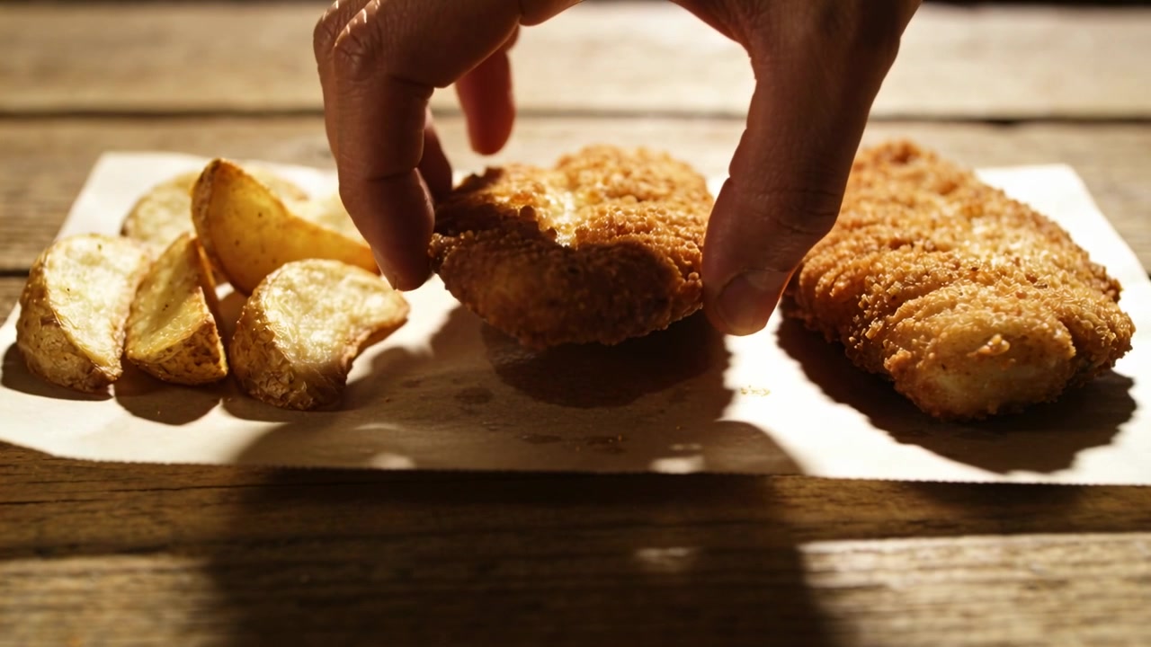 Reaching adult hand pinching, lifting left crispy fillet on paper at wooden table, showing oil mark