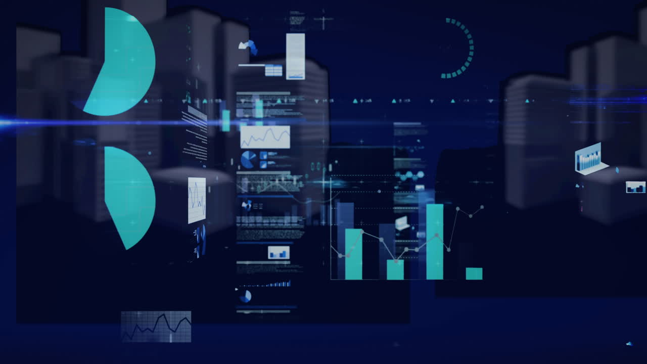Animation of statistics and data processing over 3d cityscape