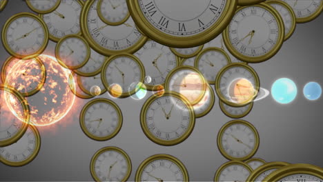 animation of solar systems, planets and space over clocks ticking