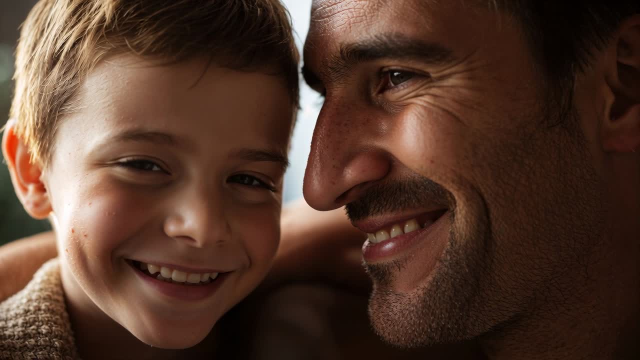 Pai inclinado, aconchegando-se à criança sorridente na sala de estar, transmitindo segurança, usando camisola de malha, sob luz suave.