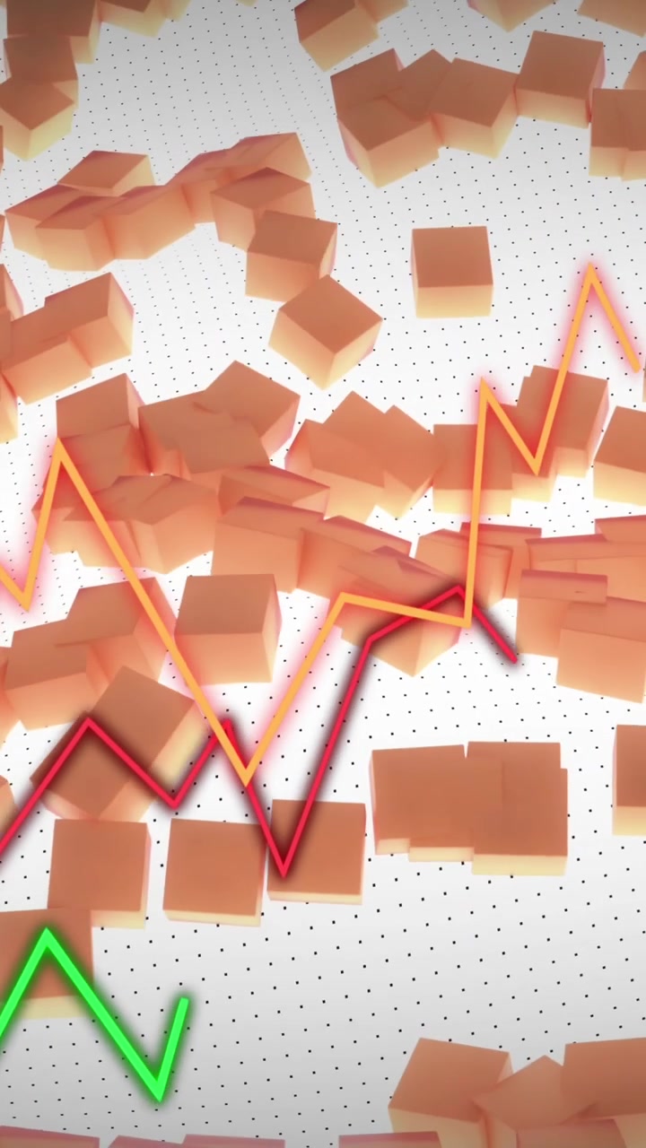 Animation of data processing with red, orange and green lines over orange blocks
