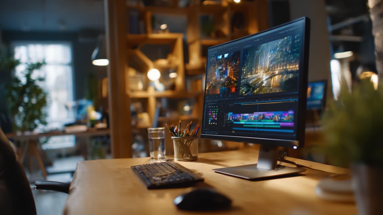 Un'area di lavoro moderna con un computer utilizzato per l'editing video, che cattura il processo creativo con attrezzature e illuminazione ambientale in un ambiente professionale