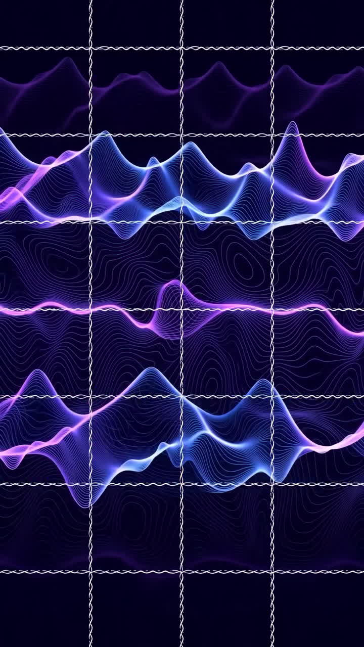 Neon Purple Audio Waveform Grid Pulsing Dynamic D Lines Rise And Fall Across Dark Background Glowing Blue