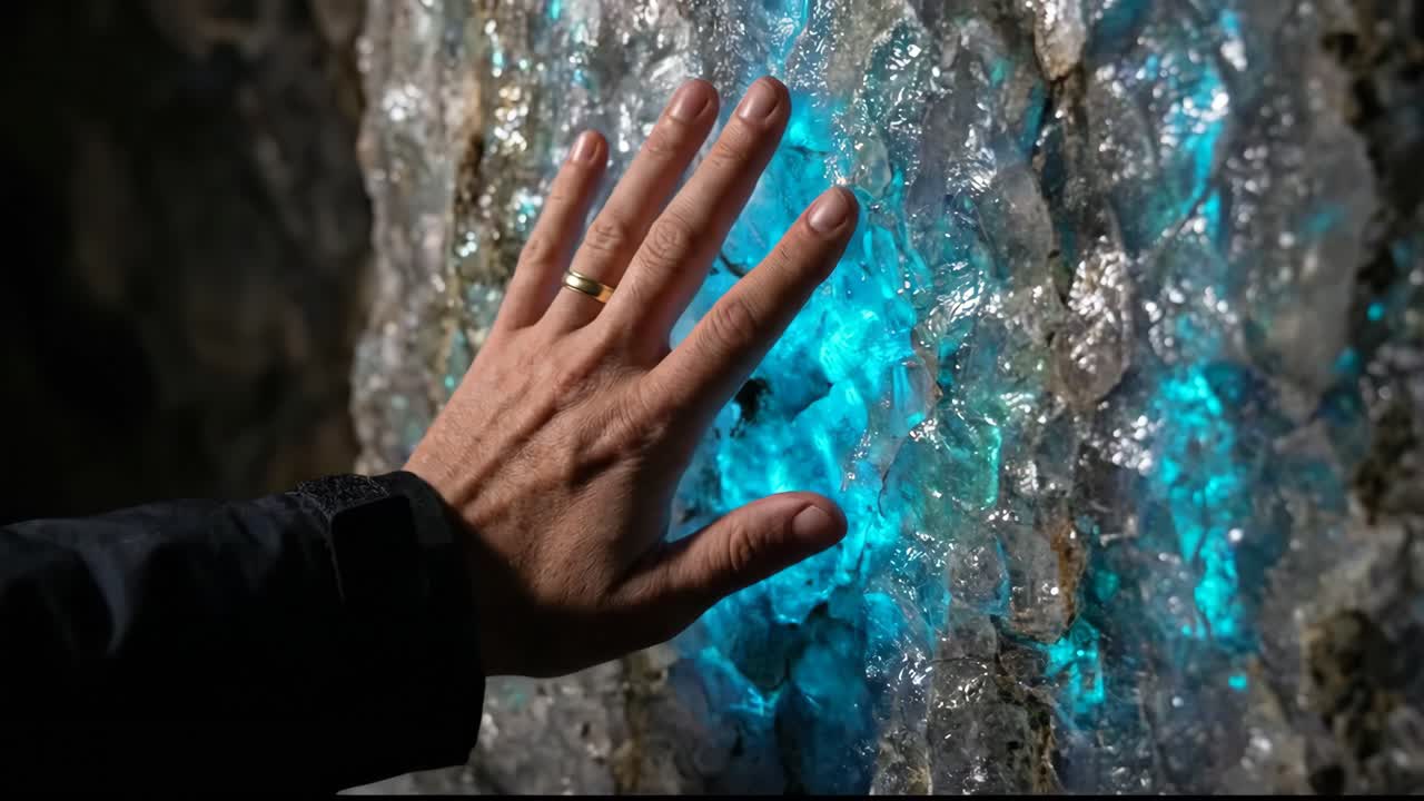 Hand Touching Glowing Blue Crystal Rock in a Dark Cave