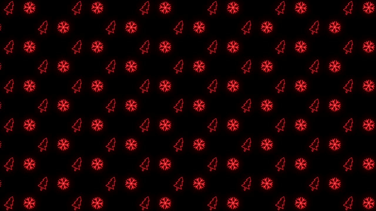 Animazione in loop di sfondo con pattern natalizio al neon con albero di Natale, fiocco di neve, cappello di Babbo Natale e bastoncino di zucchero rossi e neri