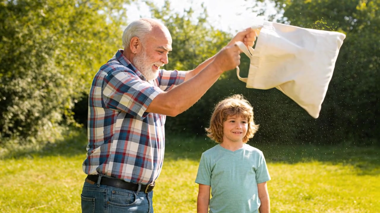 Shaking canvas tote, senior man wearing plaid releasing seeds for fun over child on sunny lawn