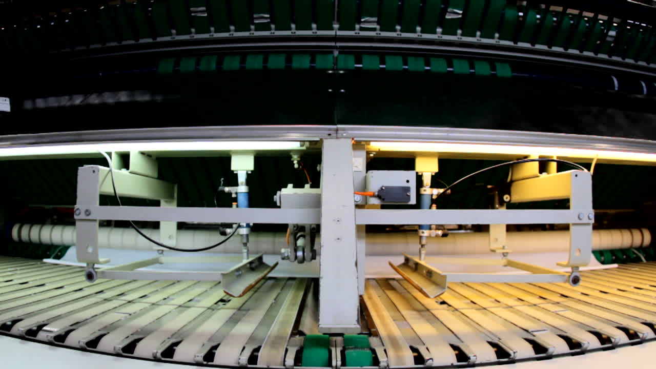 대형 산업용 세탁소 내부의 흰색 시트 접는 기계