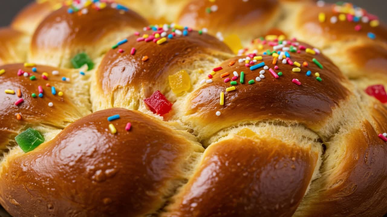 Deliciously Baked Sweet Bread Topped with Colorful Sprinkles and Candied Fruits, Perfect for Celebrations and Family Gatherings