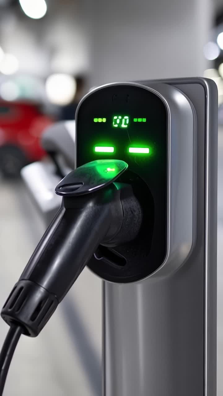 Electric Vehicle Charging Station: Modern Charger in Action with Visible Digital Display and Charged Plug Ready for Use in an Indoor Parking Area