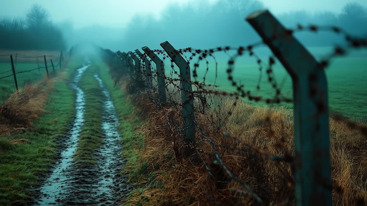 Misty path by barbed wire in a field. A muddy path runs alongside a barbed wire fence in a foggy rural landscape during an early morning.
