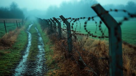 misty path by barbed wire in a field. a muddy path runs alongside a barbed wire fence in a foggy rural landscape during an early morning.