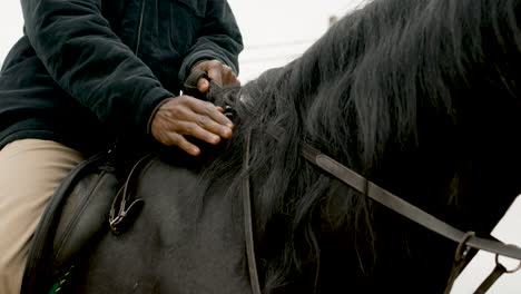 nahaufnahme eines mannes, der ein schwarzes pferd streichelt