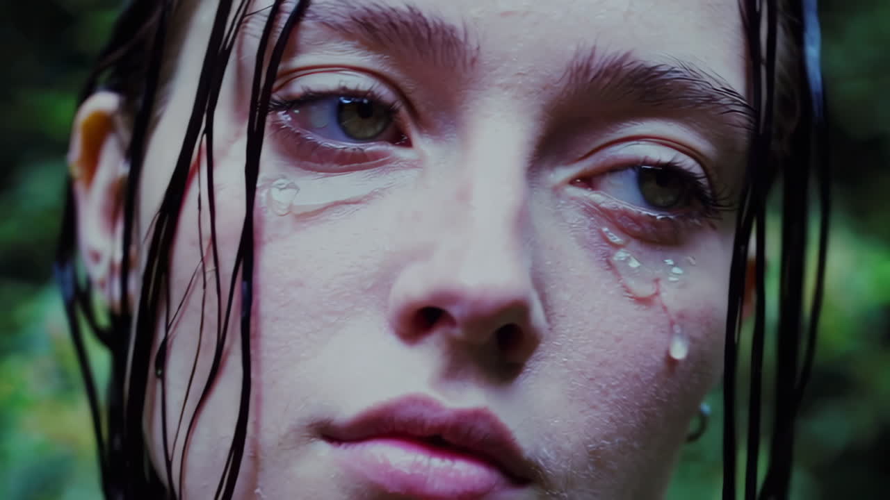 비가 오는 동안 울고 있는 여자