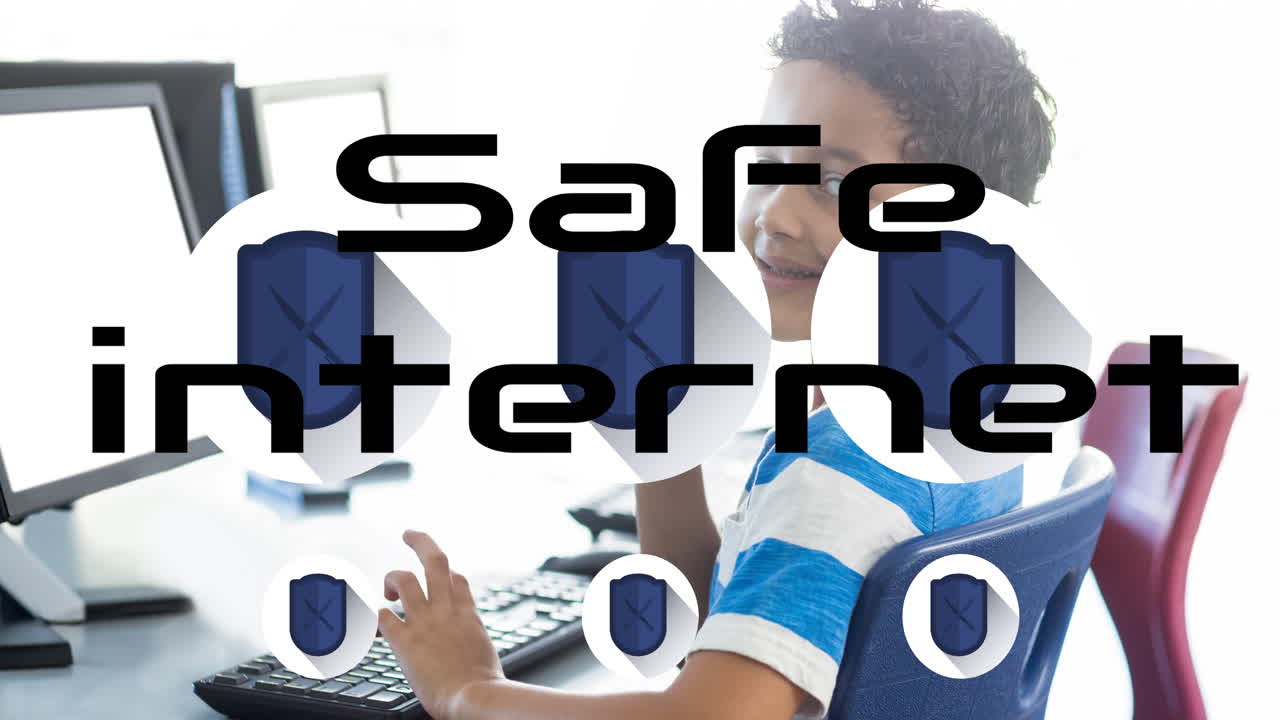 Animation of safety internet text over biracial boy using computer