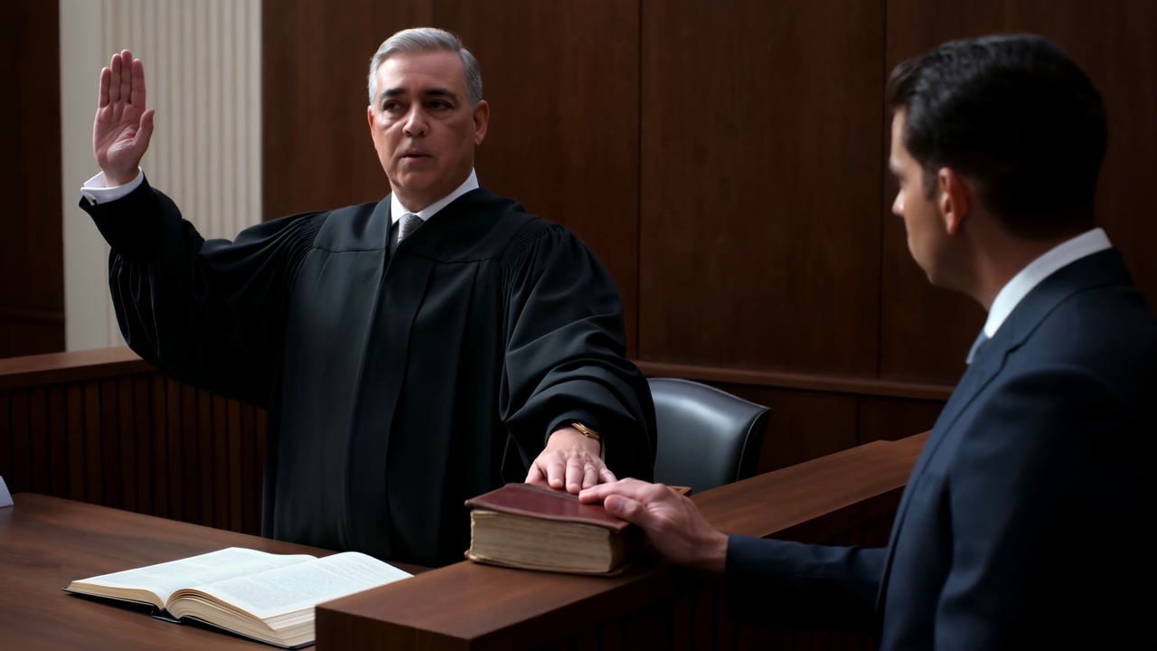 White Judge Swears In White Witness At Woodpaneled Courtroom Bench, Defense Attorney Observes, Witness Places