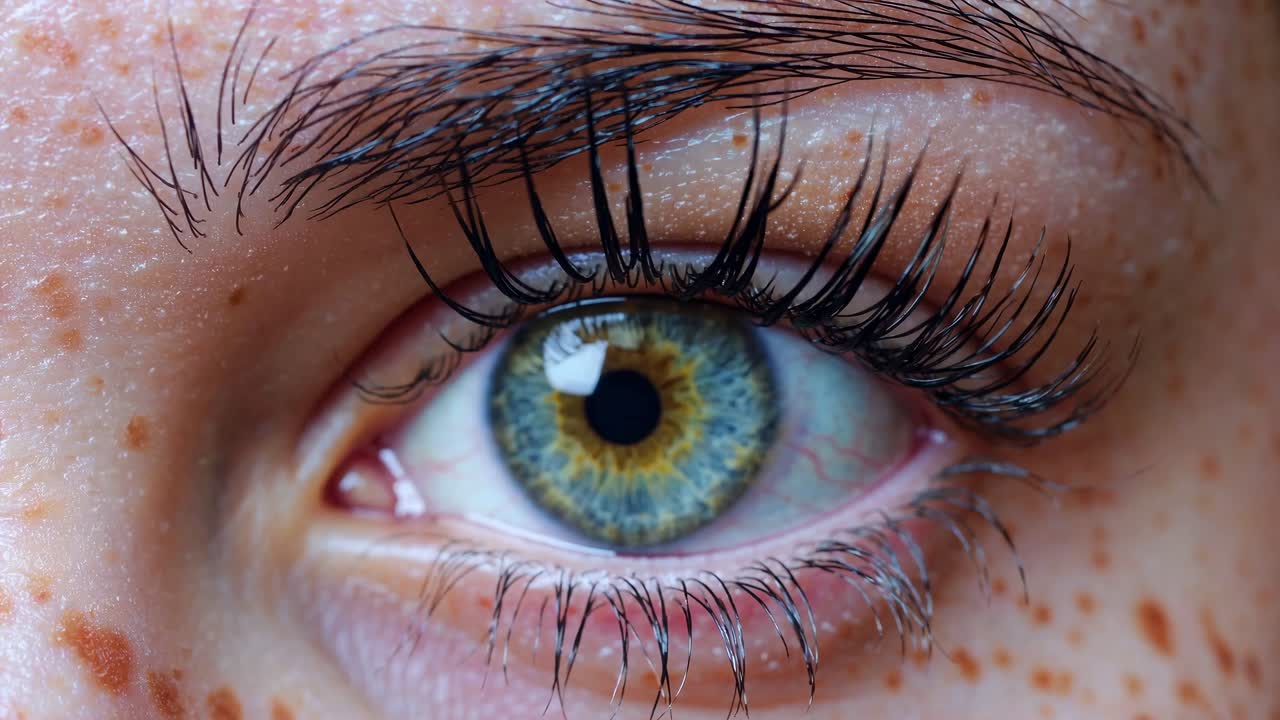 Close-up videobeeld van een blauw oog met gedetailleerde focus op wimpers en sproeten, vastgelegd via een macro-opname