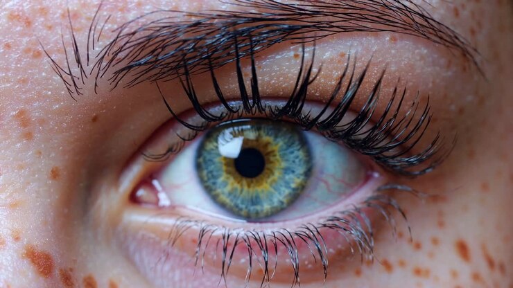 Close-up videobeeld van een blauw oog met gedetailleerde focus op wimpers en sproeten, vastgelegd via een macro-opname
