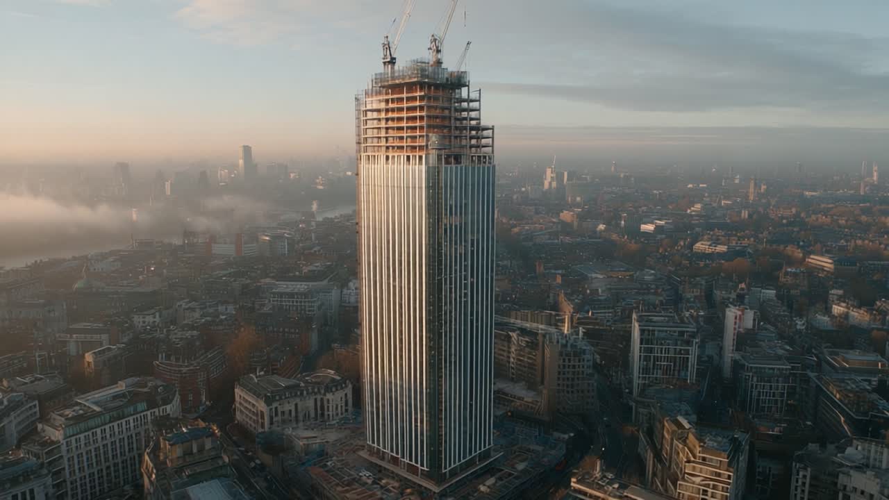 Raggiungendo nuove altezze: vedute aeree di un grattacielo in costruzione all'alba, che mostrano lo sviluppo urbano e il progresso architettonico in un vivace paesaggio urbano.
