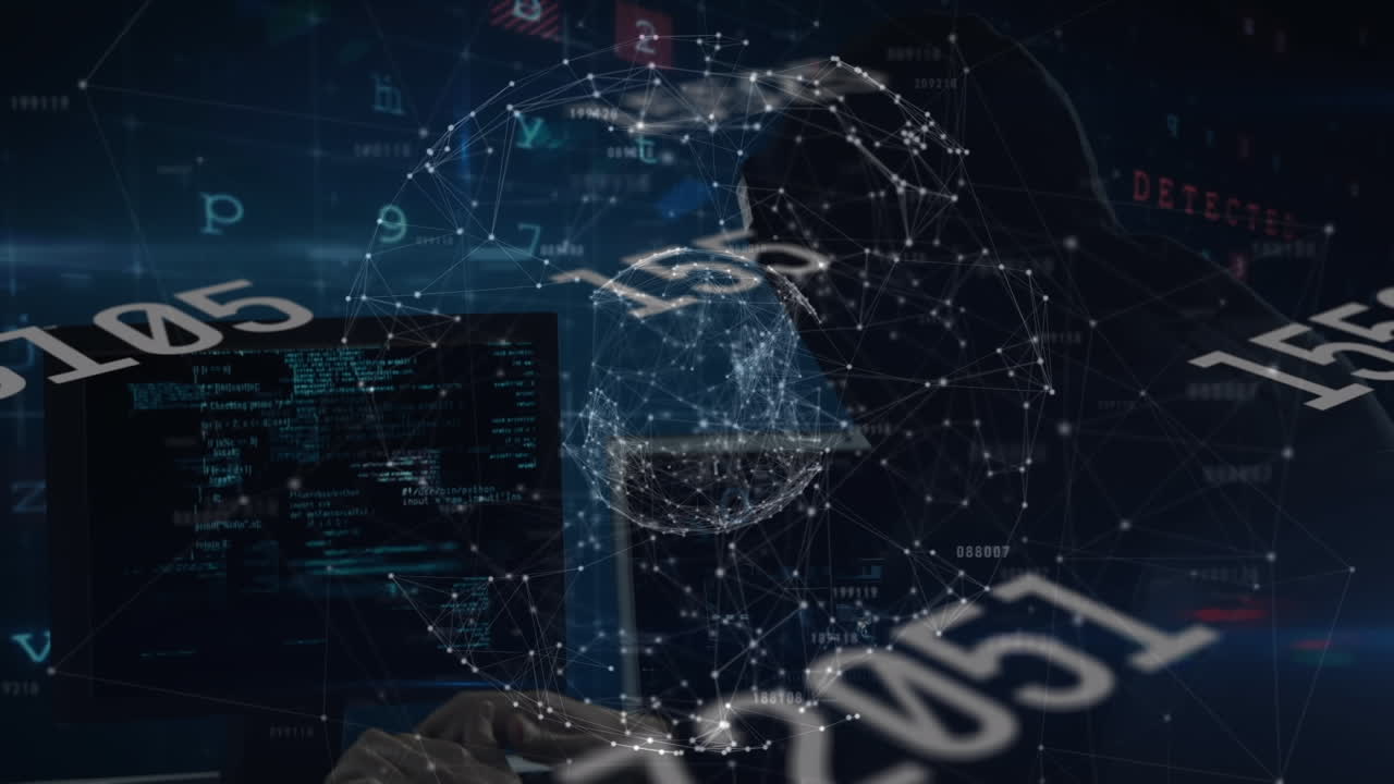 animación de la red global rotativa y la advertencia de seguridad del cortafuegos sobre el procesamiento de datos