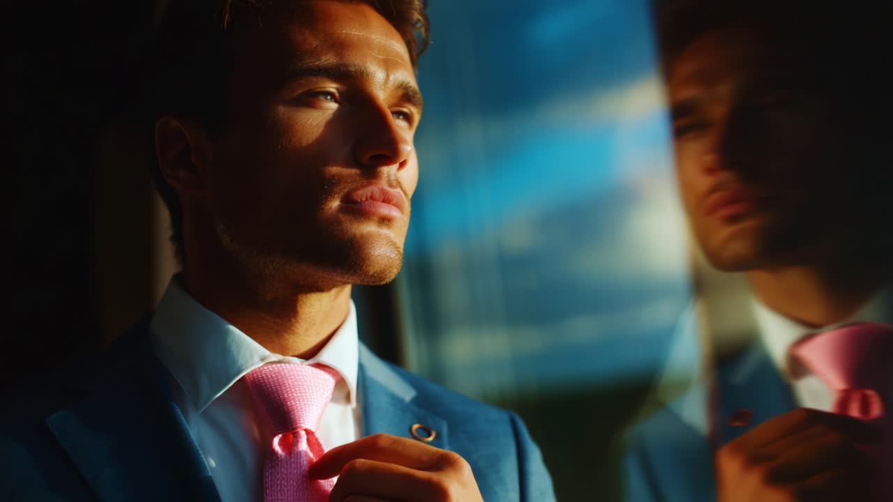 A Portrait of Confidence: A Dapper Young Man in a Stylish Suit and Elegant Pink Tie Ponders Reflectively by a Window, Capturing the Essence of Sophistication and Poise in a Serene Setting