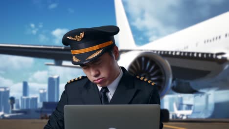 stressed pilot working on laptop at airport