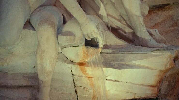 Primo piano di statua classica in pietra che versa acqua