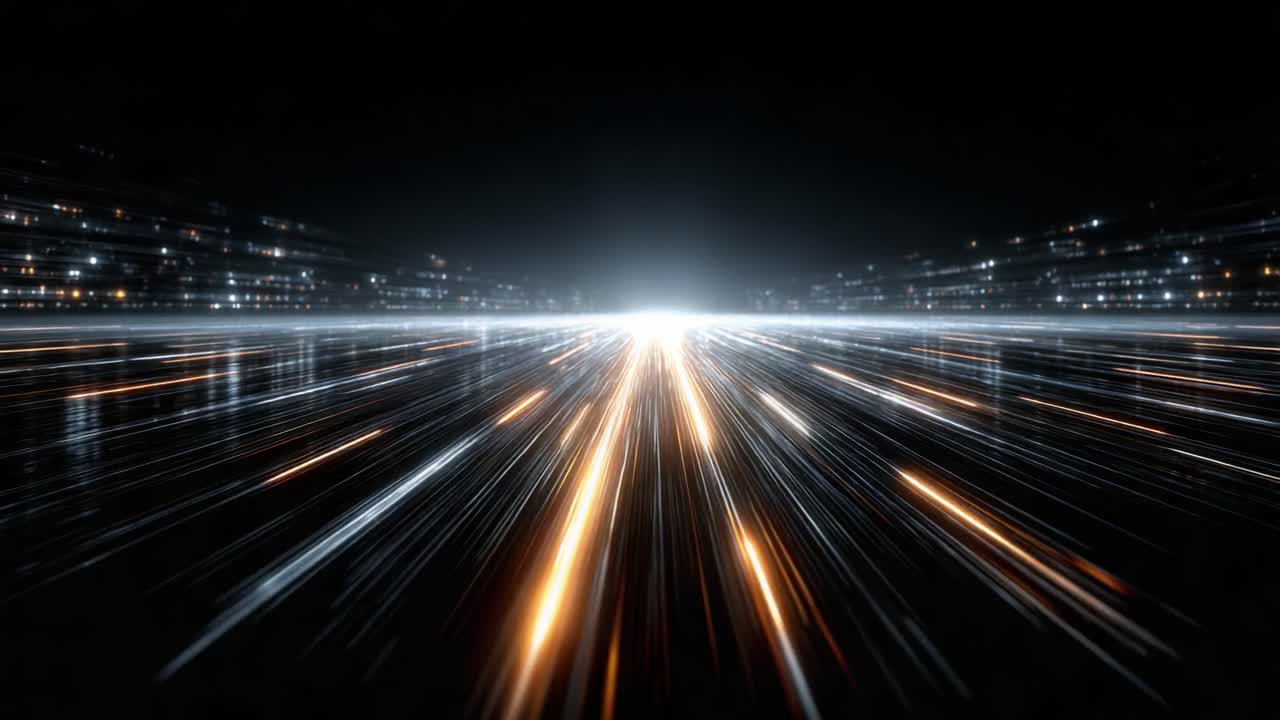 Dynamic Motion Visualization of Light Streaks in a Dark Environment Creating an Illusion of Speed and Distance with Brilliant Light at the End of the Perspective Path