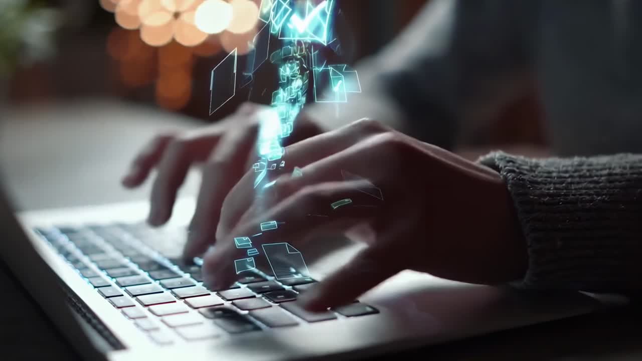 Side angle of hands typing on a laptop with digital file icons, in a tech-themed video
