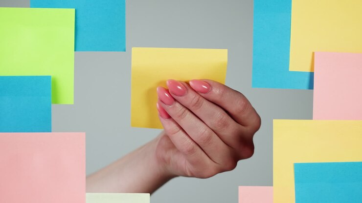 Woman's Hand Picking Up Blank Yellow Sticky Note