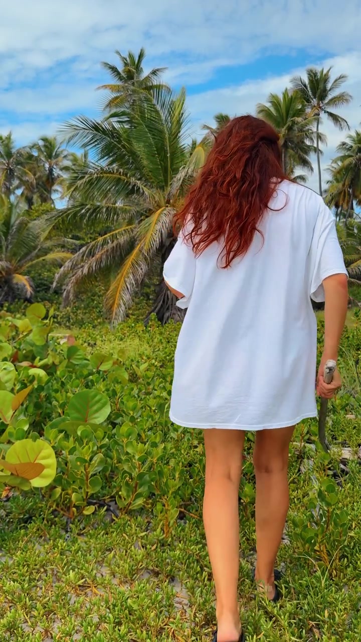 Donna che cammina attraverso un palmeto tropicale. Giovane donna che cammina attraverso un lussureggiante palmeto tropicale sotto un cielo azzurro, esprimendo libertà ed esplorazione dell'isola.