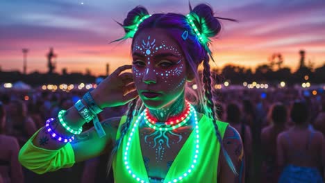 captivating festival atmosphere captured in two frames, showcasing a brightly adorned individual with vibrant makeup and illuminated accessories amidst a lively crowd at sunset.