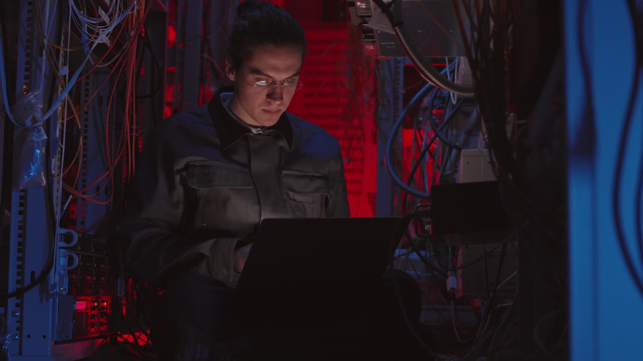 técnico informático trabajando en la sala de servidores